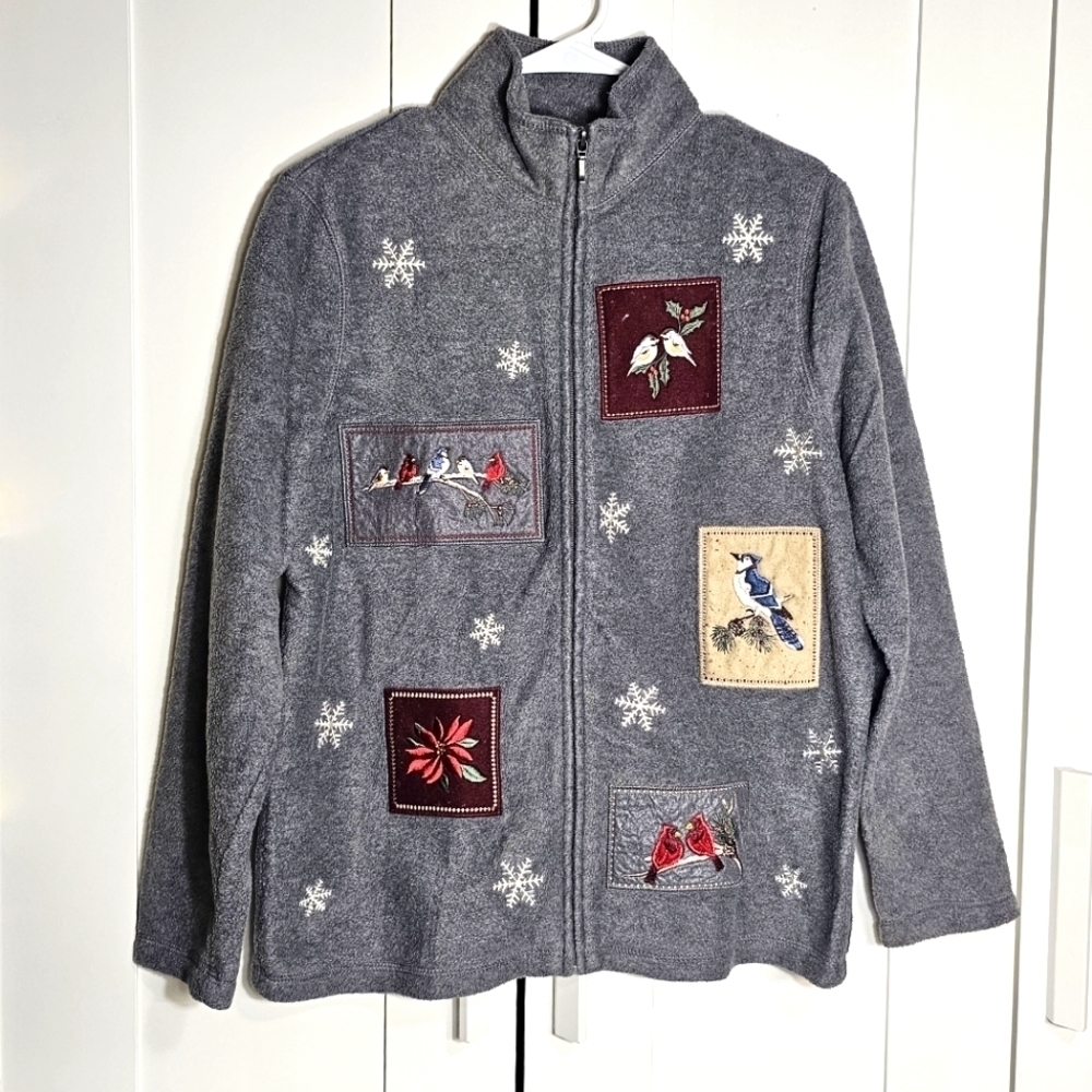 Croft & Barrow Gray Christmas Holiday Embroidered Wild Birds Medium Jacket Coat